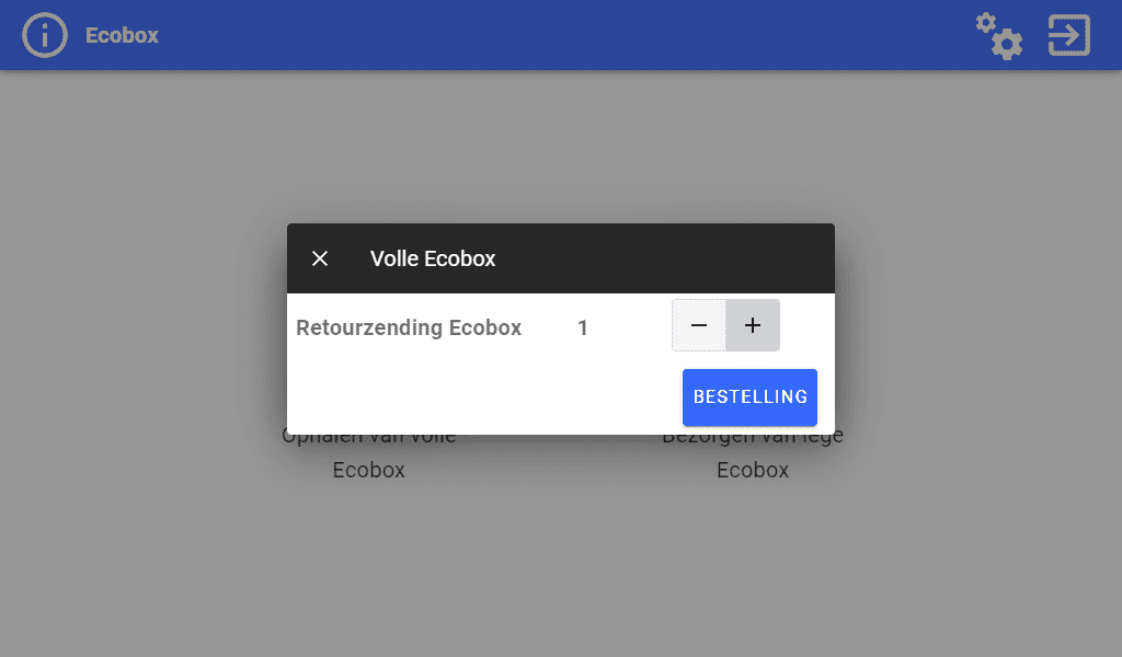 Ecobox-toepassing - Scherm voor retourzendingen van verbruiksartikelen Ecobox-configuratiescherm Selectie van het aantal verpakkingen