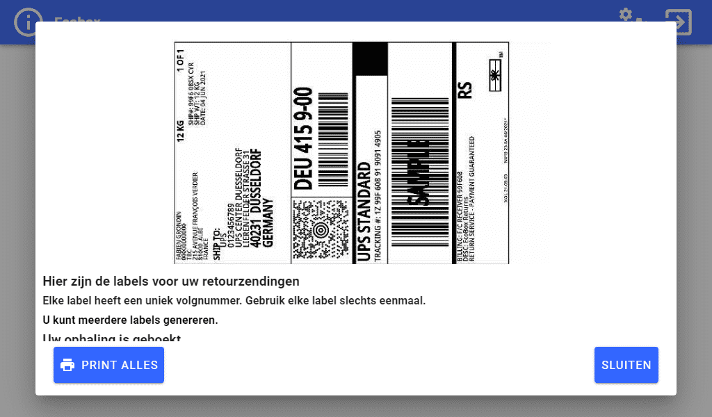 Ecobox-toepassing - Scherm met afdrukbare etiketten voor afzonderlijke verbruiksartikelen Ecobox-configuratiescherm Individuele verbruiksgoederen retouretiket