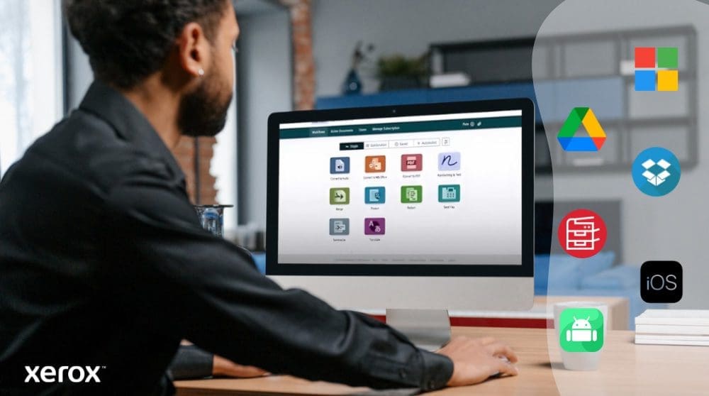 Een persoon zit aan een bureau en kijkt naar een computerscherm met de interface van Xerox Workflow Central. Rechts illustreren pictogrammen voor Microsoft, Google Drive, Dropbox, een archiefkast, iOS en Android de brede compatibiliteit.